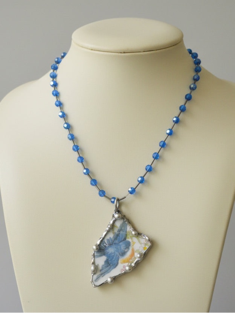 Homer Laughlin Blue Bird China Pendant, Silver-Blend Metalwork Crystal Necklace
